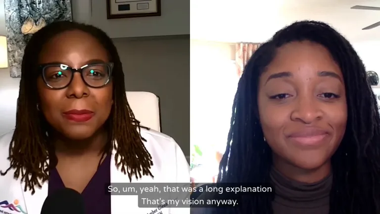 Two people with glasses and long braids are speaking in a video call. Subtitles at the bottom read: "So, um, yeah, that was a long explanation. That's my vision anyway.